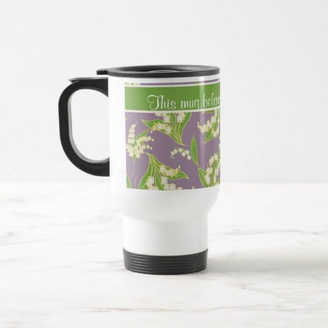 Pretty Travel Mug: Lilies of the Valley, Mauve Mug (Left)