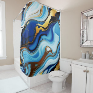Pretty Trendy Blue yellow Gold faux marble Shower Curtain