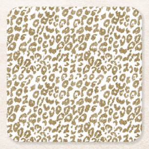 Pretty Trendy Leopard Print Gold Glitter Square Paper Coaster