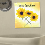 Pretty Triple Yellow Sunflower Photo Custom Text Magnet<br><div class="desc">This fun design features a triple sunflower photo on a watercolor background with template text. Keep,  personalise or remove the template text. You can also edit using the design tool to select a font style size and colour you prefer.</div>