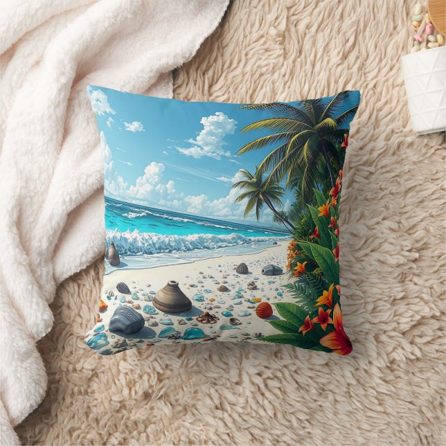 Pretty Tropical Beach Scene Coastal   Cushion (Blanket)