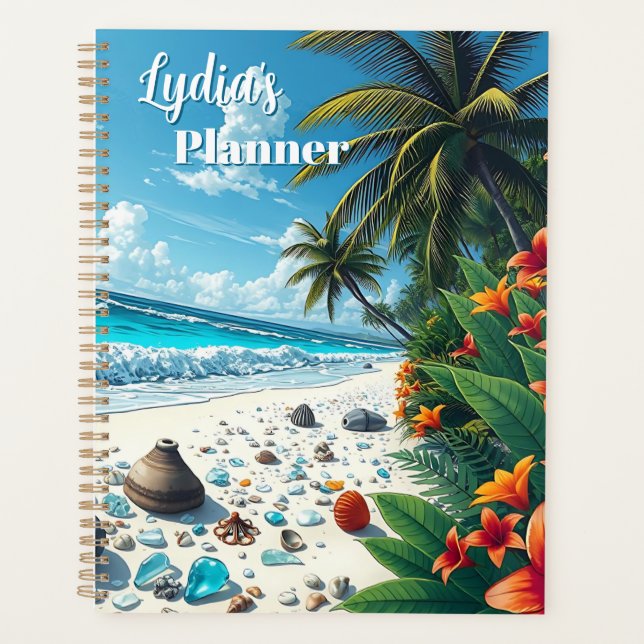 Pretty Tropical Beach Scene Coastal  Personalised Planner (Front)