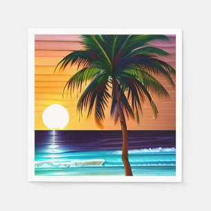 Pretty Tropical Palm Tree and Ocean Sunset Napkin