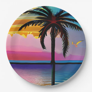 Pretty Tropical Palm Tree and Purple Sunset Paper Plate