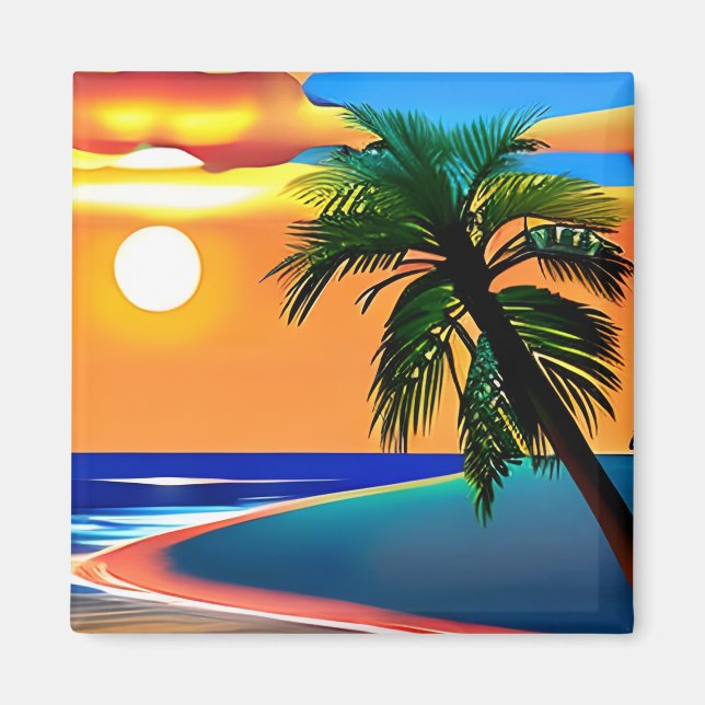 Pretty Tropical Palm Tree Sun Setting Magnet (Front)