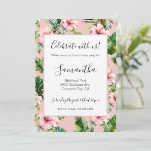 Pretty Tropical Pink Hibiscus Floral Birthday Invitation