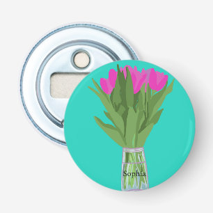 Pretty Tulip Flower Modern Illustration + Name Bottle Opener