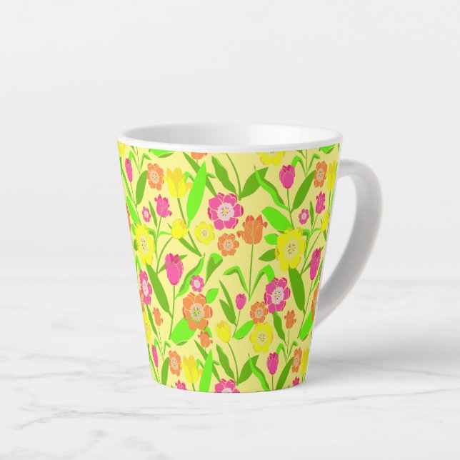 Pretty Tulip Patterned Lemon Yellow Spring Flowers Latte Mug (Right Angle)