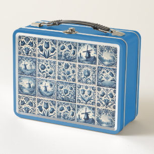 Pretty Tulips Blue White Delft Tiles Metal Lunch Box