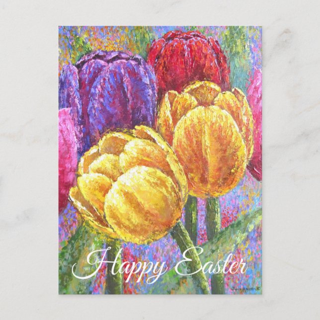 Pretty Tulips Floral Colourful Flowers Hand Painte Postcard (Front)