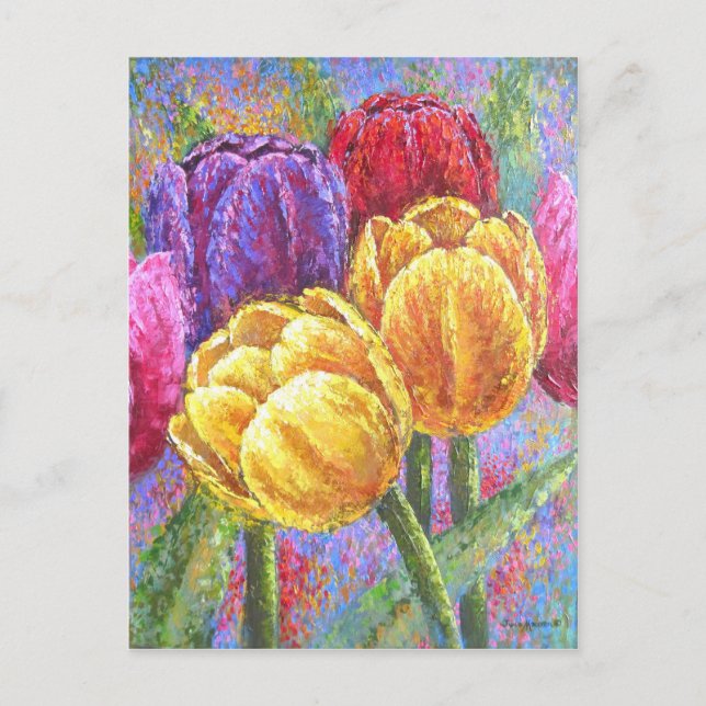 Pretty Tulips Floral Colourful Flowers Hand Painte Postcard (Front)