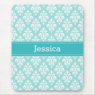 Pretty Turquoise Blue and Mint Damask Pattern Name Mouse Mat