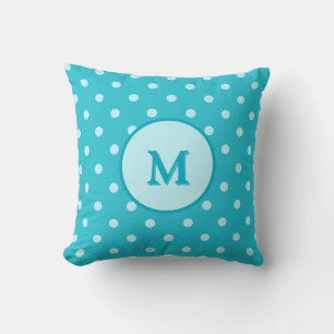 Pretty Turquoise Blue Polka Dots Pattern Monogram Cushion