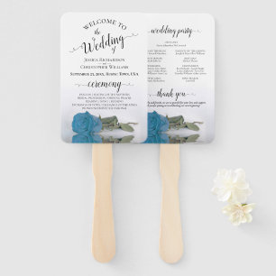 Pretty Turquoise Blue Rose Elegant Wedding Program Hand Fan