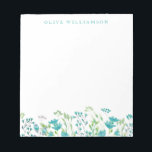 Pretty Turquoise Blue Watercolor Floral with Name  Notepad<br><div class="desc">Beautiful watercolor painting of delicate florals in turquoise blue,  personalized with your name.</div>