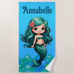 Pretty Turquoise-haired Mermaid Personalise Beach Towel