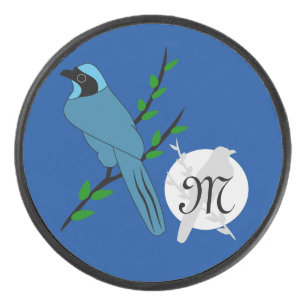 Pretty Turquoise Jay Bird Monogram Hockey Puck