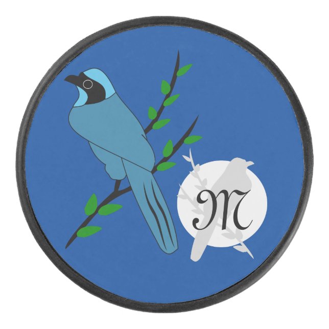 Pretty Turquoise Jay Bird Monogram Hockey Puck (Front)