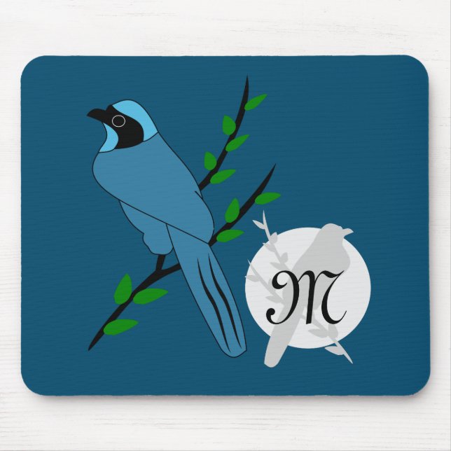 Pretty Turquoise Jay Bird Monogram Mouse Mat (Front)
