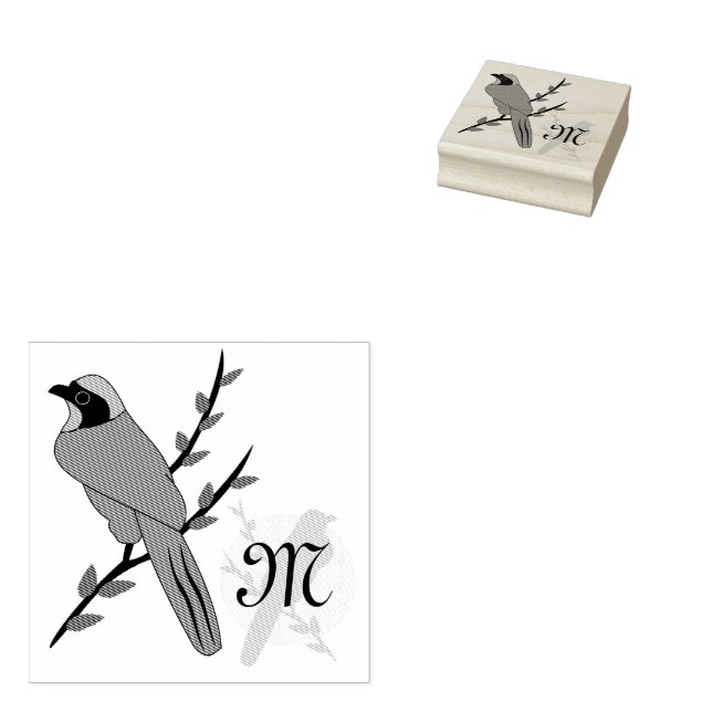 Pretty Turquoise Jay Bird Monogram Rubber Stamp (Stamped)