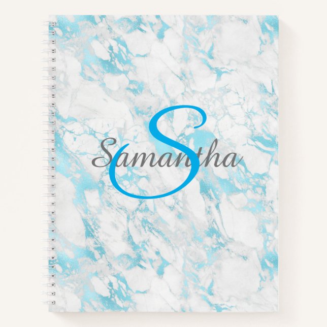 Pretty Turquoise Marble Monogram Spiral Notebook (Front)