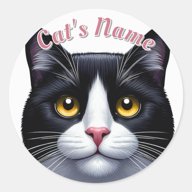 Pretty Tuxedo Shorthair Cat • Personalised Classic Round Sticker (Front)