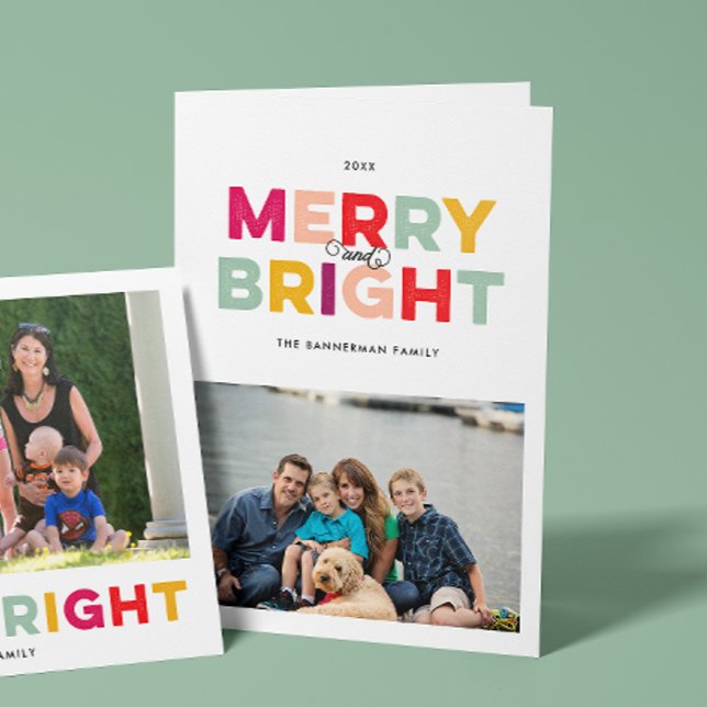 Pretty Type Merry and Bright Folded Holiday (folded personalized Christmas holiday greeting card with landscape photo and printed message inside)