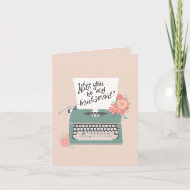 Pretty typewriter and flowers Bridesmaid  Thank You Card (Front)
