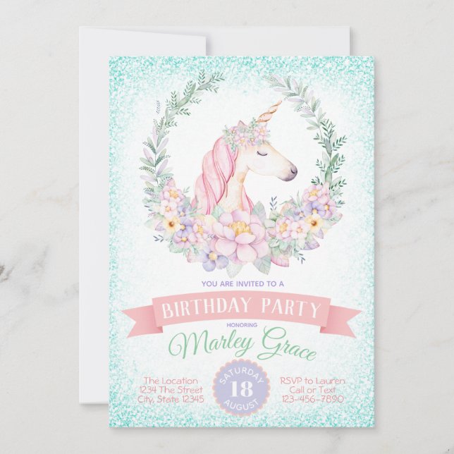 Pretty Unicorn Birthday Party Invitations (Front)