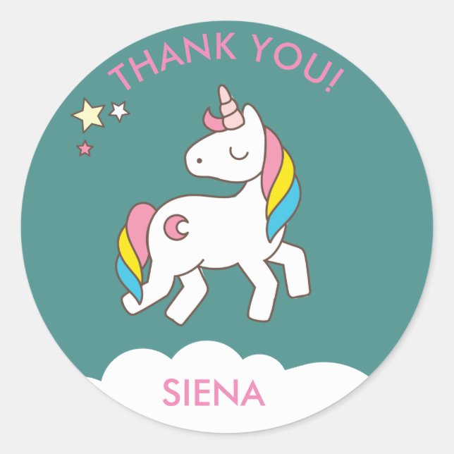 Pretty Unicorn Birthday Party Thank You Classic Round Sticker (Front)