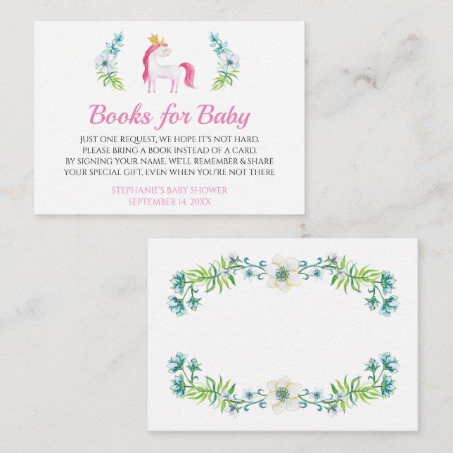 Pretty Unicorn Bring a Book Card Baby Shower (Front/Back)