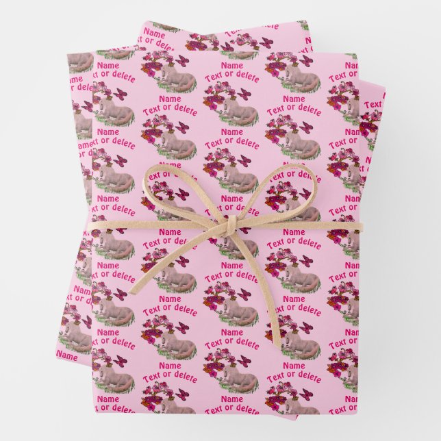 Pretty Unicorn Butterflies Flowers Personalised Wrapping Paper Sheet (In situ)