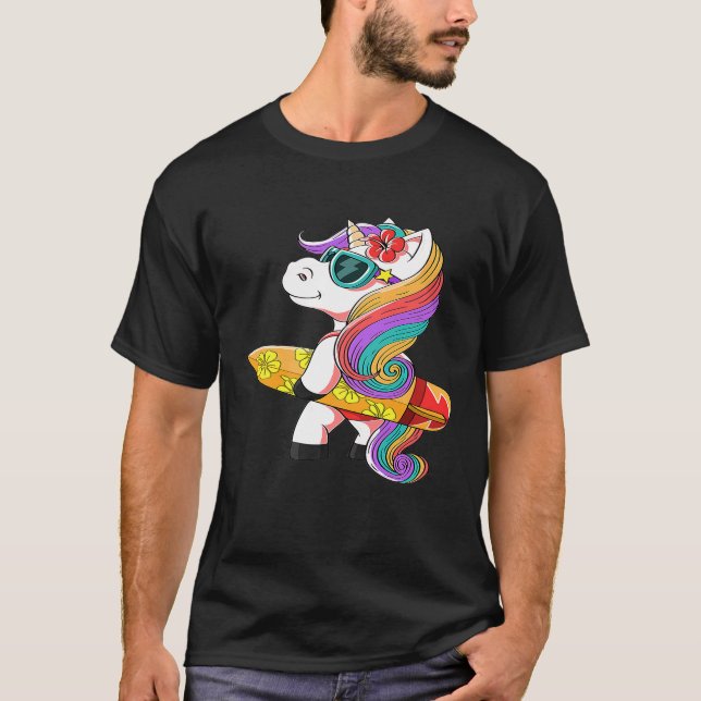 Pretty Unicorn Carrying Surfboard Wearing Cute Swi T-Shirt (Front)