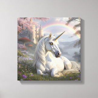 Pretty Unicorn, Castle and Rainbow  Canvas Print