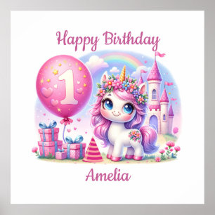 Pretty Unicorn First Birthday Poster