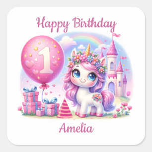 Pretty Unicorn First Birthday Square Sticker