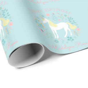 Pretty Unicorn Floral Aqua Personalised Birthday Wrapping Paper