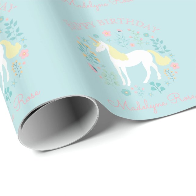 Pretty Unicorn Floral Aqua Personalised Birthday Wrapping Paper (Roll Corner)