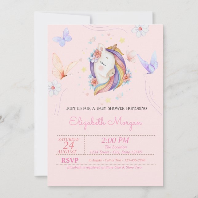 Pretty Unicorn Floral Butterflies Baby Shower Invitation (Front)
