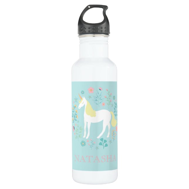 Pretty Unicorn & Flowers Aqua Personalised 710 Ml Water Bottle (Front)