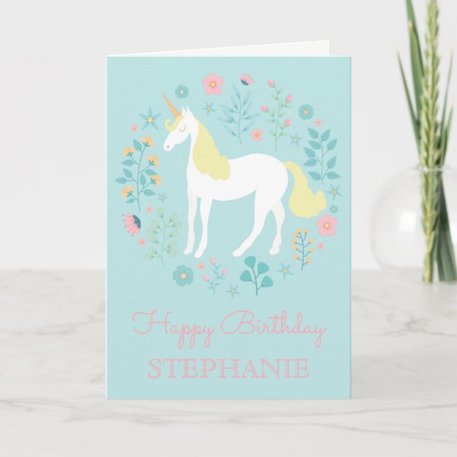 Pretty Unicorn & Flowers Aqua Personalised Card (Front)
