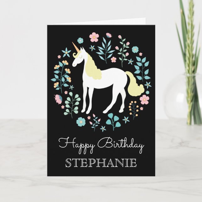 Pretty Unicorn & Flowers Black Personalised Card (Front)
