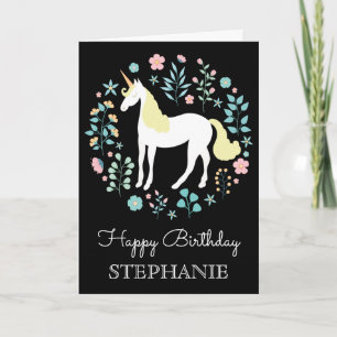 Pretty Unicorn & Flowers Black Personalised Card