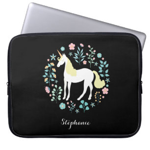 Pretty Unicorn & Flowers Black Personalised Laptop Sleeve