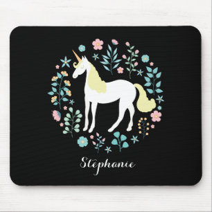 Pretty Unicorn & Flowers Black Personalised Mouse Mat