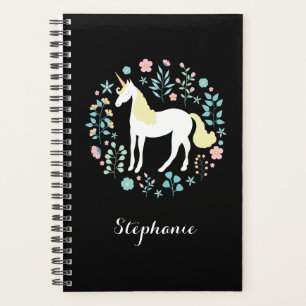 Pretty Unicorn & Flowers Black Personalised Planner