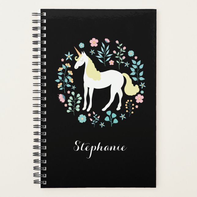 Pretty Unicorn & Flowers Black Personalised Planner (Front)