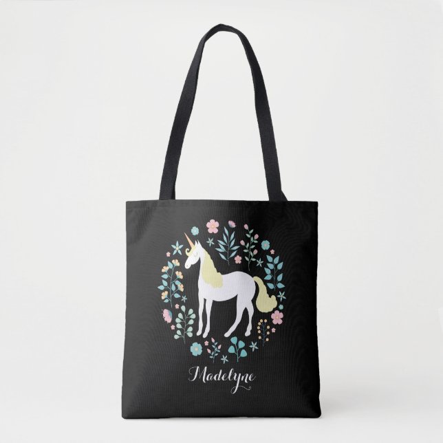 Pretty Unicorn & Flowers Black Personalised Tote Bag (Front)