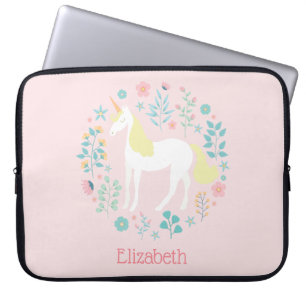 Pretty Unicorn & Flowers Blush Pink Personalised Laptop Sleeve