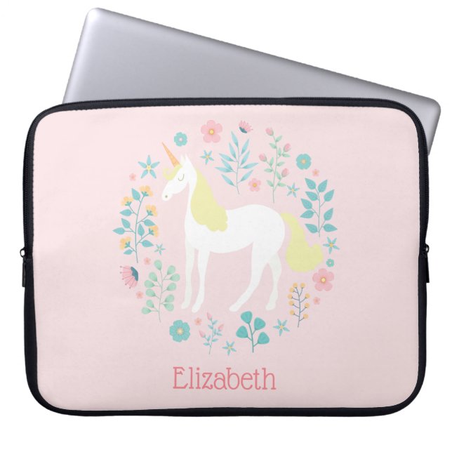 Pretty Unicorn & Flowers Blush Pink Personalised Laptop Sleeve (Front)